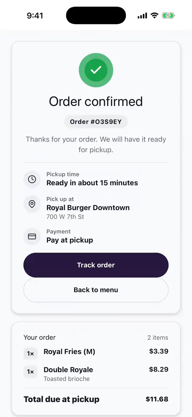 A guest orders a Double Royale on a brioche bun with fries in the Royal Burger iPhone app, picks a store, chooses pay at pickup, and sees the order confirmed