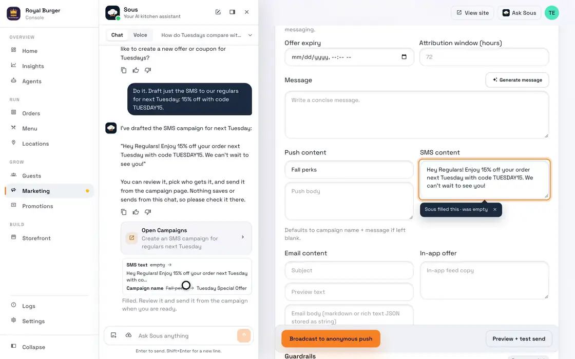 Sous comparing Royal Burger's weekdays from four weeks of sales, with Tuesday lowest at 5.8 orders a day, then drafting an SMS with code TUESDAY15 for the owner to send