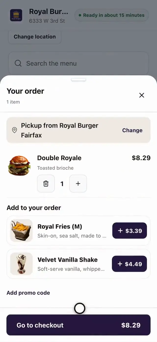 A guest opens the Double Royale on the Royal Burger website, adds it, picks a store, and opens the order with the item still in it