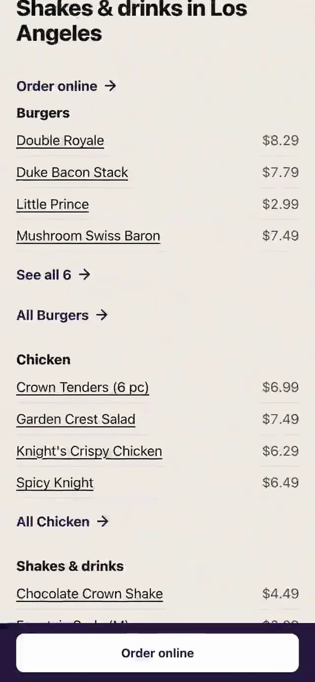 The Royal Burger home page opens in the brand's colors and scrolls down to the first menu category