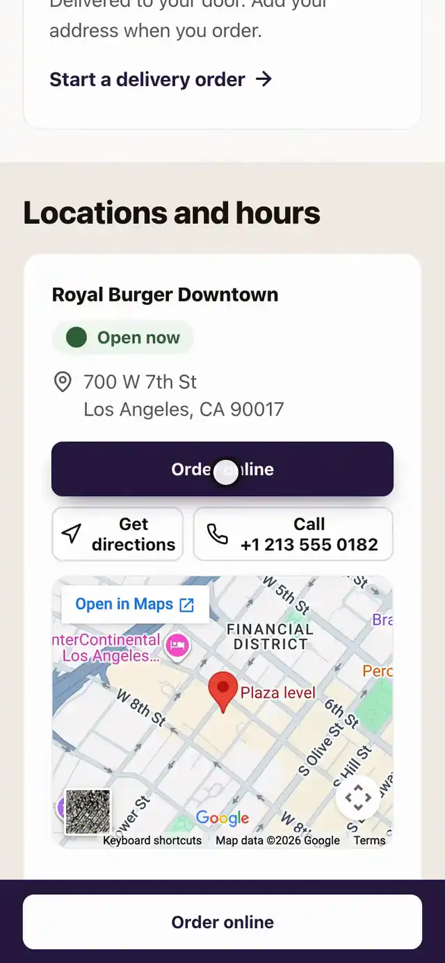 The Royal Burger home page opens its hours and location section, shows the week of hours and the map, and ends on the order button