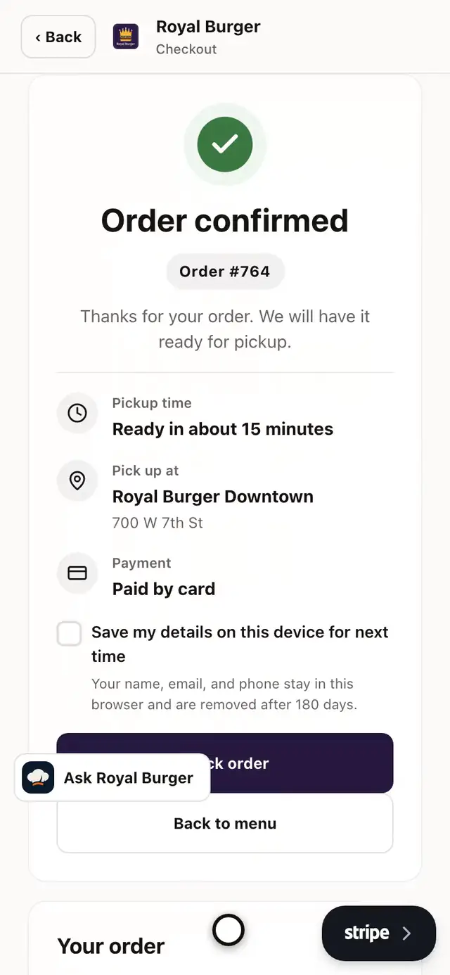 A guest orders a Double Royale on a brioche bun with fries on a phone, picks a Royal Burger store, pays, and sees the order confirmed
