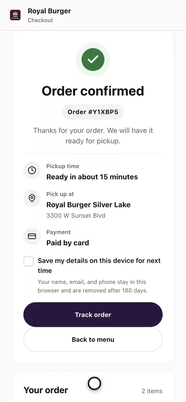 A guest orders a Double Royale on a brioche bun with fries on a phone, picks a Royal Burger store, pays, and sees the order confirmed