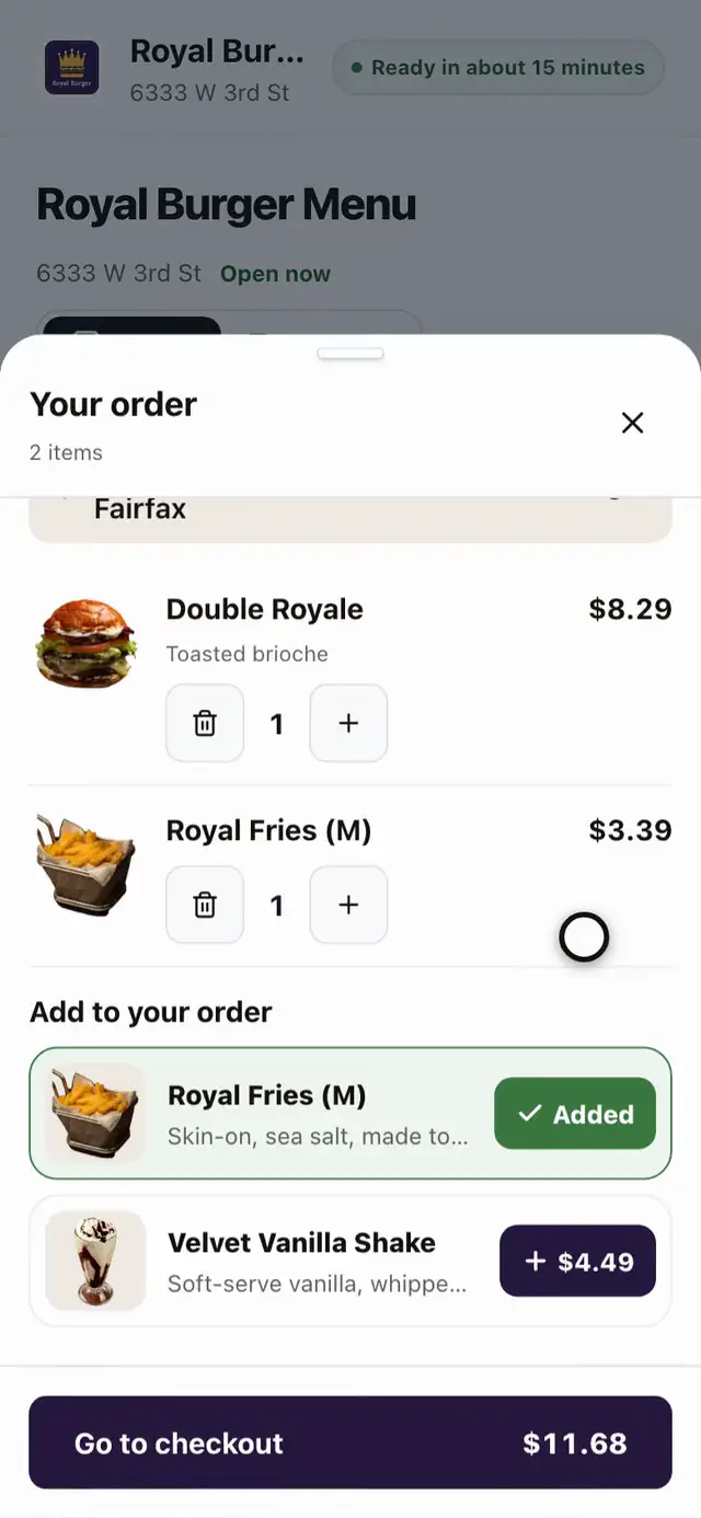 A guest opens the cart at Royal Burger, taps the fries offer, and the fries join the order with the total updated
