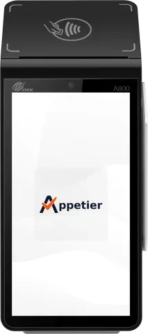 PAX A800 countertop card reader with a built-in printer and a touchscreen