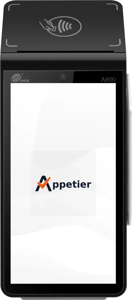 PAX A800 countertop card reader with a built-in printer and a touchscreen