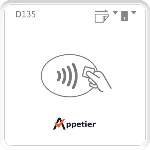 PAX D135 pocket card reader with a contactless symbol