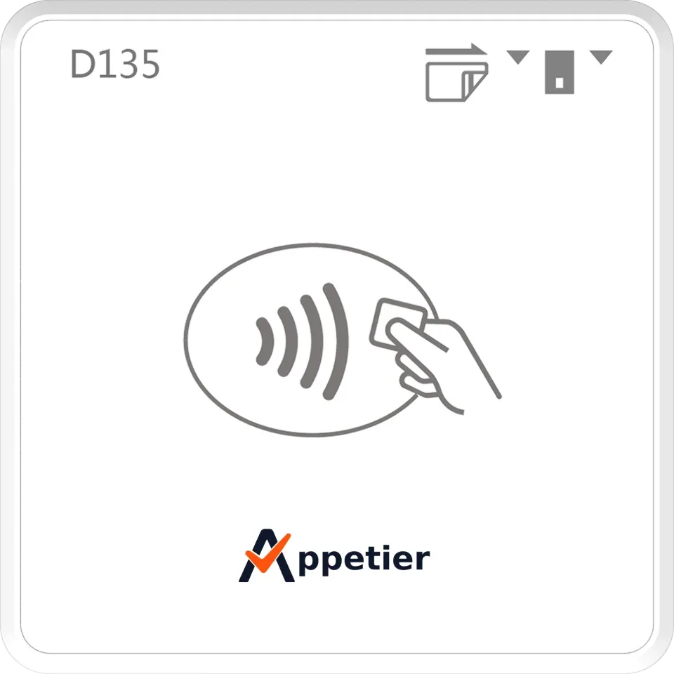 PAX D135 pocket card reader with a contactless symbol