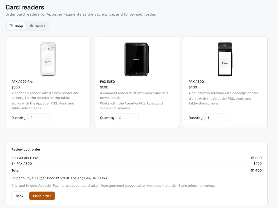 The Card readers page in the console. Three reader cards show a photo, a store price, and a quantity, with two of one reader and one of another picked. Under them, the order review lists each line and the order total.