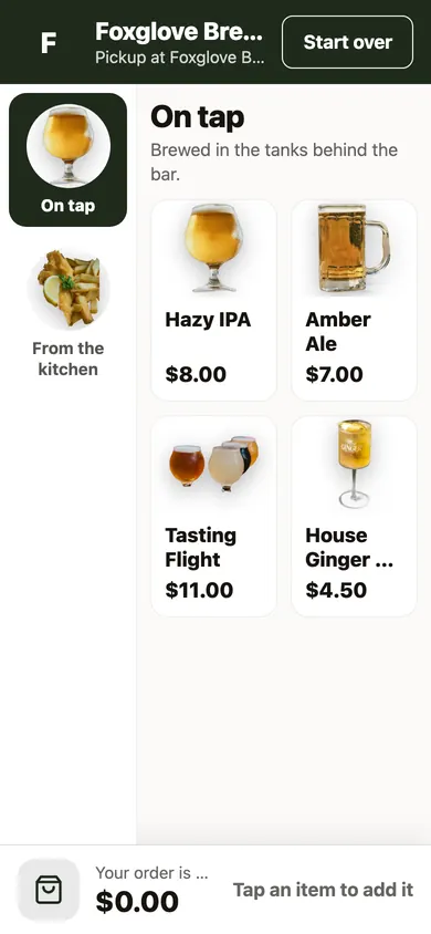A guest's phone on a taproom's menu, with beers on tap, sodas, and food, each with a photo and a price.