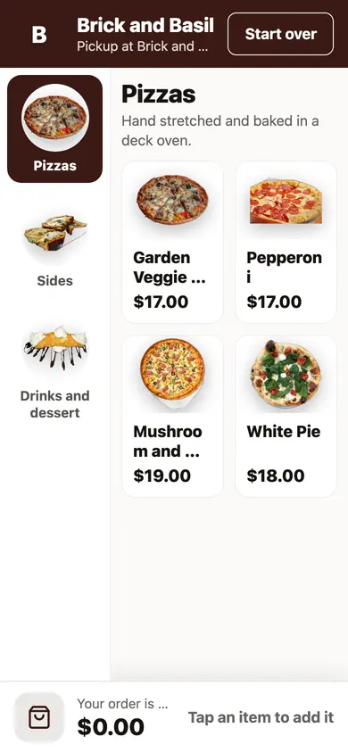 A guest's phone on a pizzeria's menu, with pizzas, sides, and drinks, each with a photo and a price.