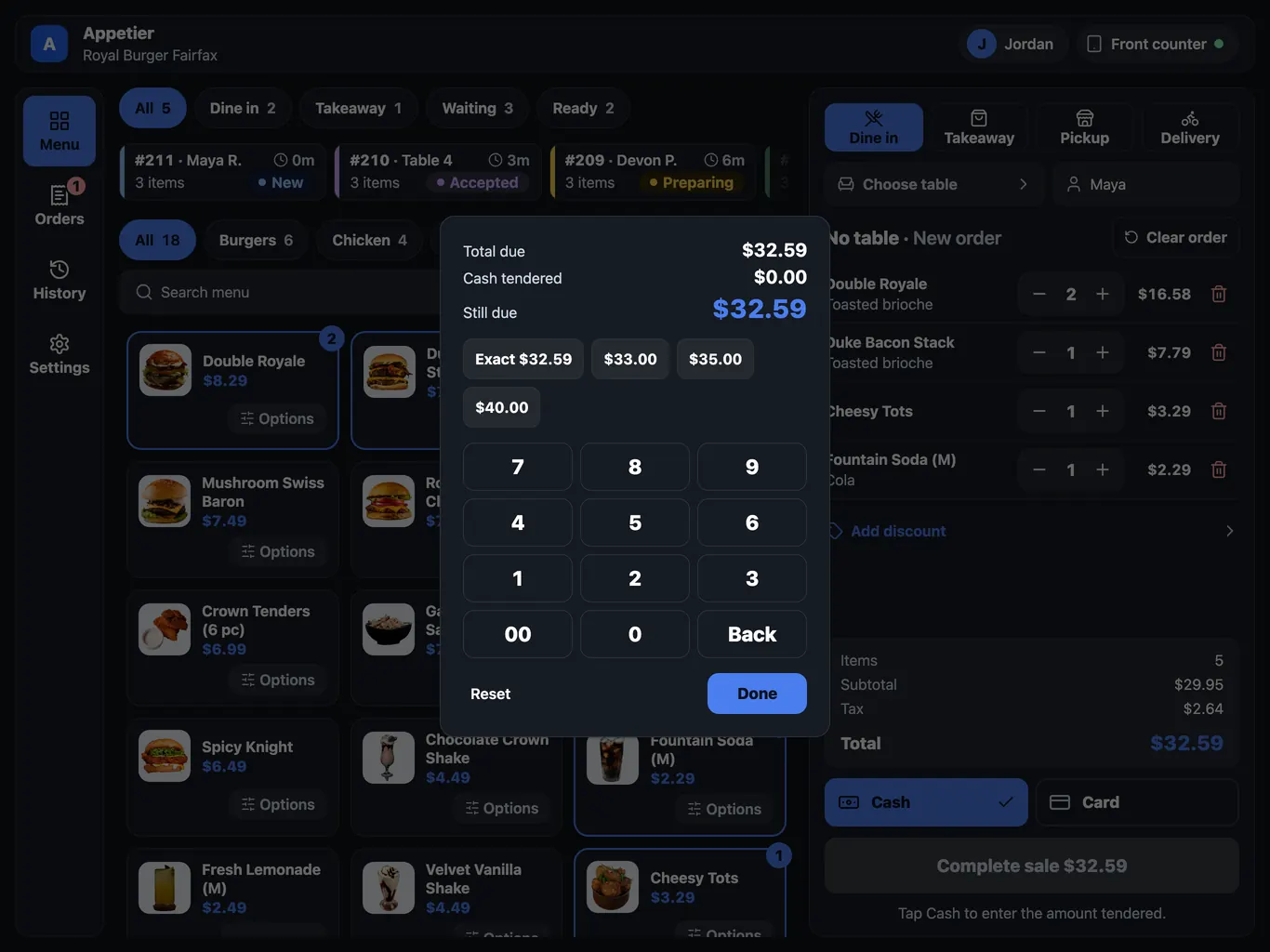 The cash pad open over the sale screen. It shows the total due, the cash received, and what is still due, with an Exact key, rounded amounts, and a number pad.