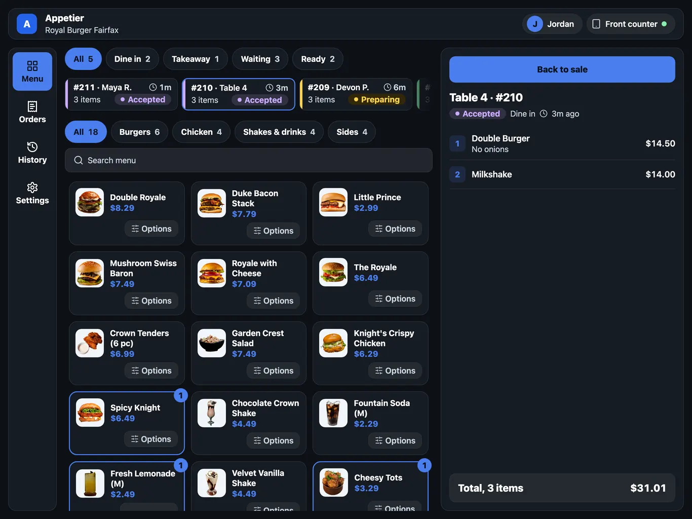 An open dine-in order for table 4 beside the menu. A status chip reads Accepted, two lines list the items ordered, and a total sits at the bottom with a Back to sale button above.