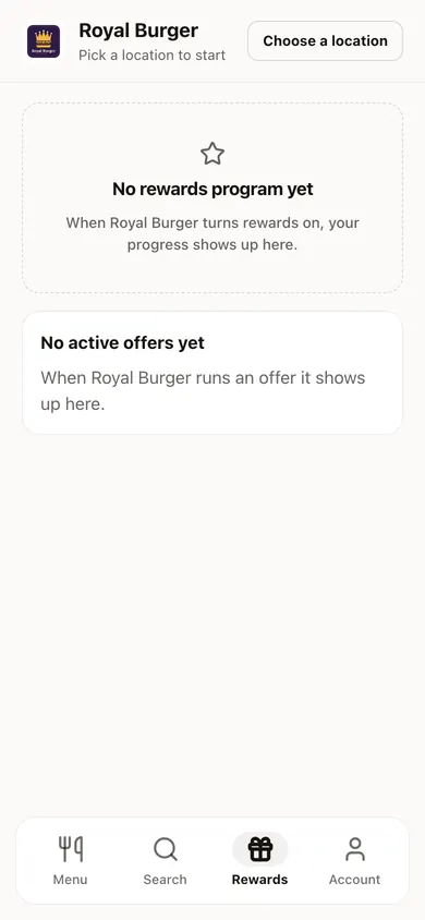 A guest's phone on a rewards page, showing stamps and the reward they are working toward.